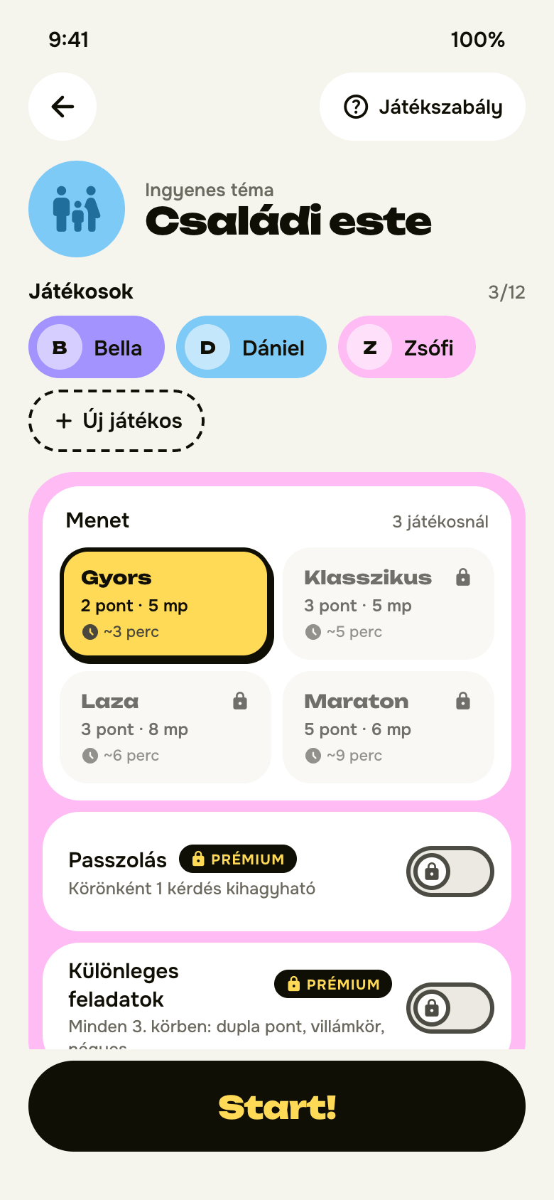 Játék beállítása: játékosok és menet